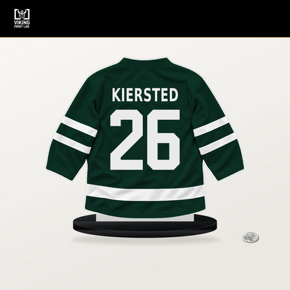Matt Kiersted number 26 Minnesota Wild jersey stand with included black base.