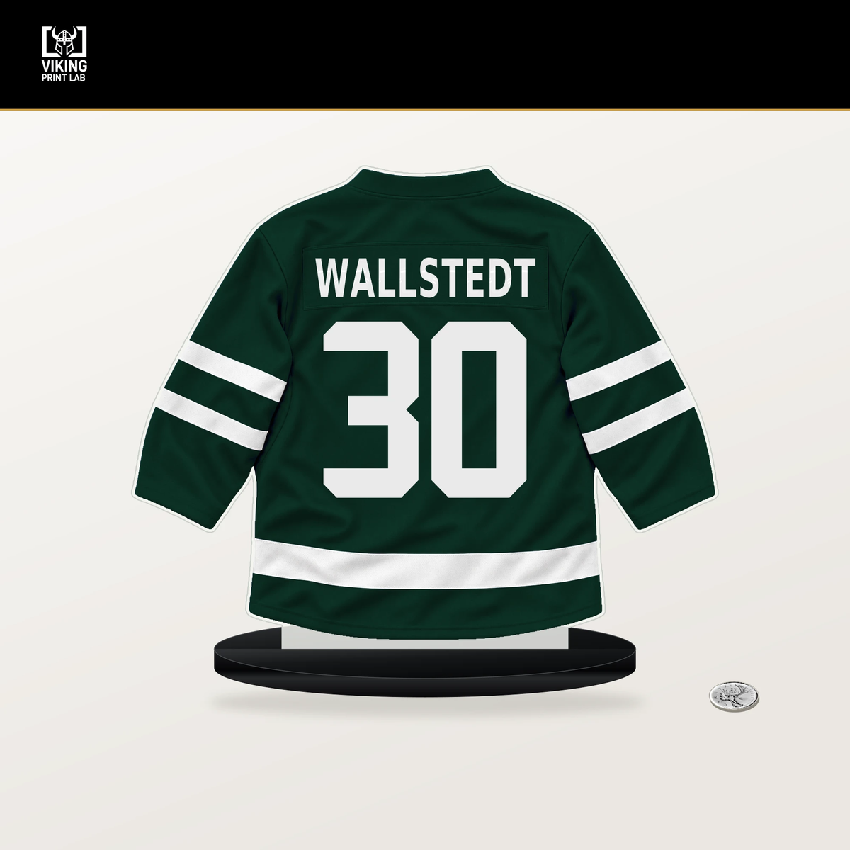 Jesper Wallstedt number 30 Minnesota Wild jersey stand with included black base.