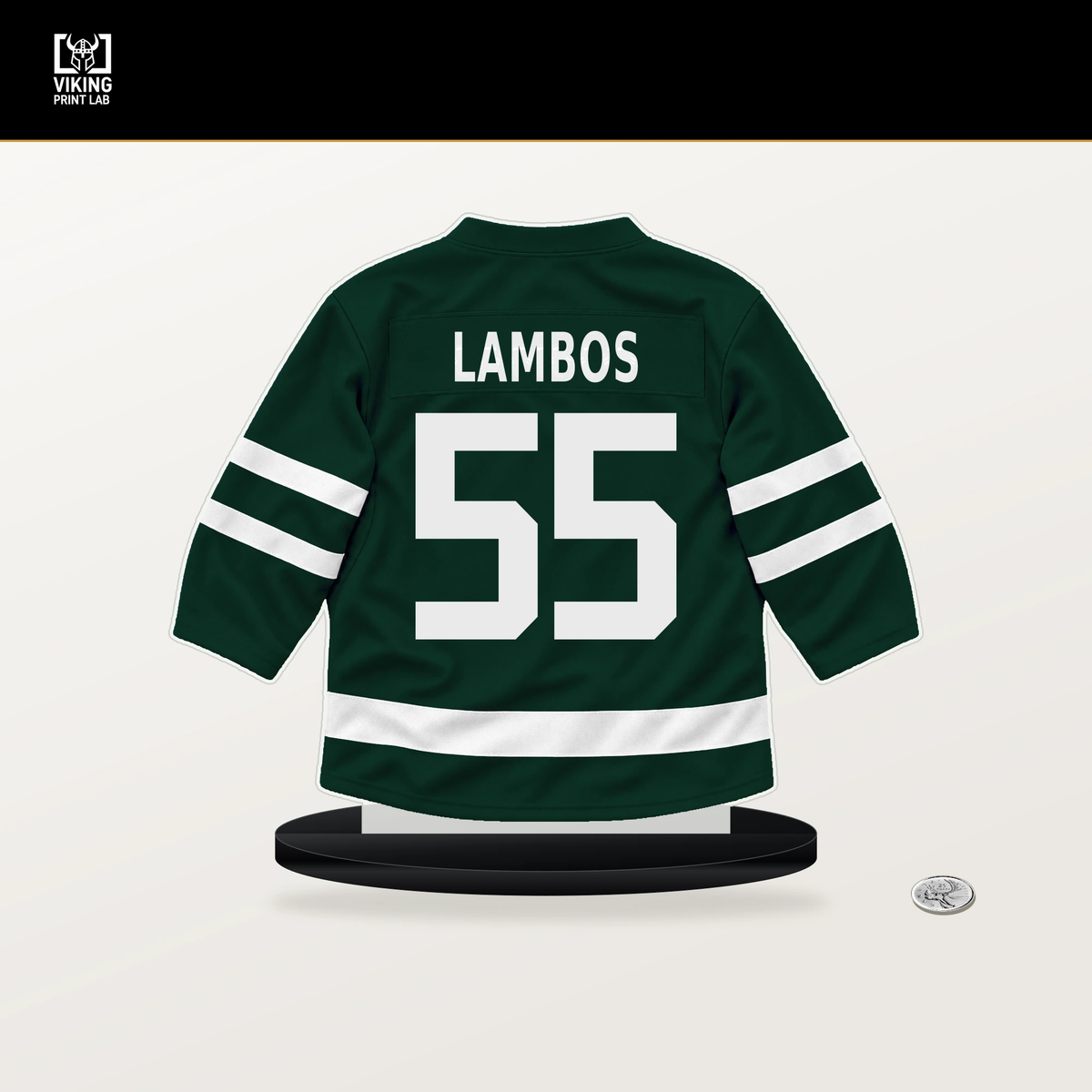 Carson Lambos number 55 Minnesota Wild jersey stand with included black base.