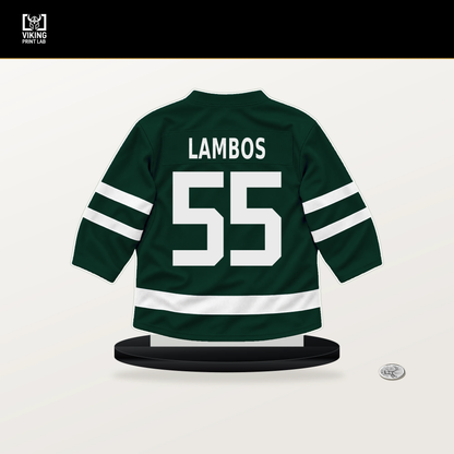 Carson Lambos number 55 Minnesota Wild jersey stand with included black base.