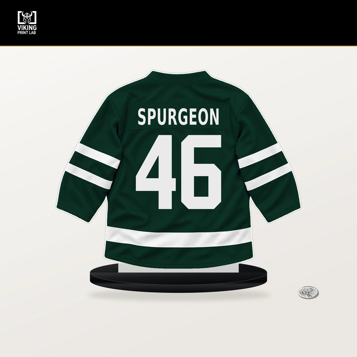 Jared Spurgeon number 46 Minnesota Wild jersey stand with included black base.