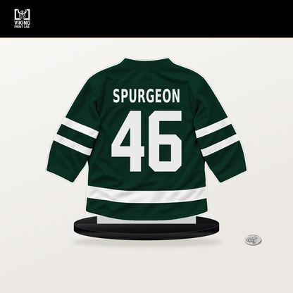 Jared Spurgeon number 46 Minnesota Wild jersey stand with included black base.