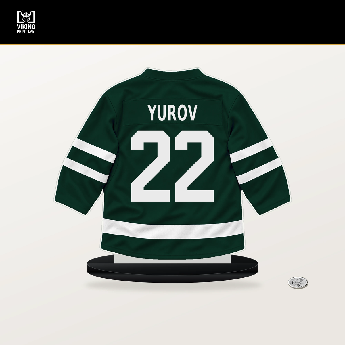 Danila Yurov number 22 Minnesota Wild jersey stand with included black base.