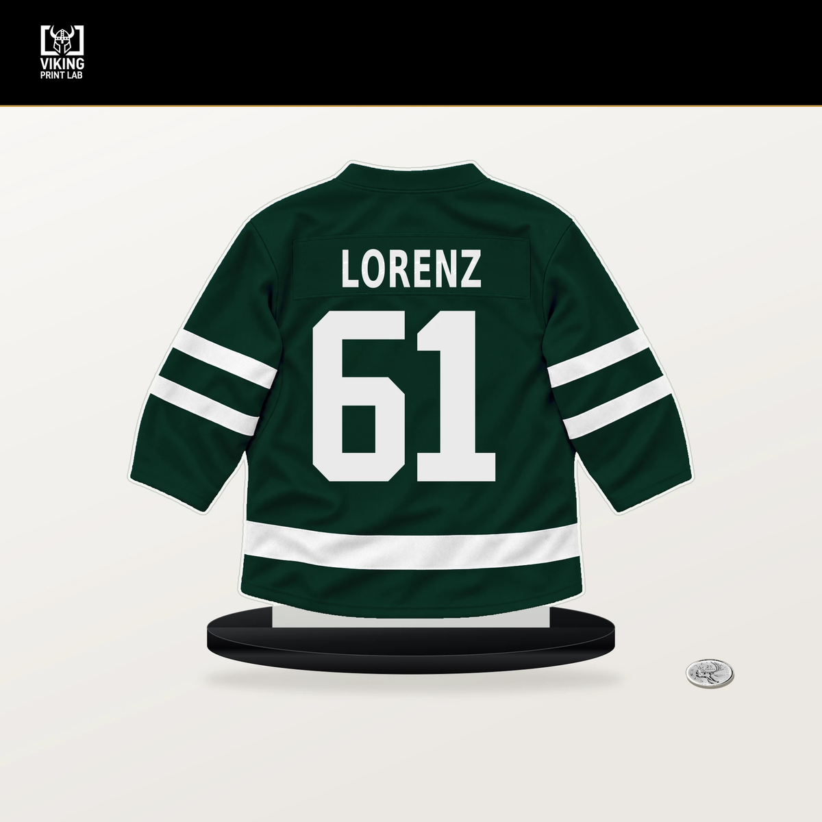 Rieger Lorenz number 61 Minnesota Wild jersey stand with included black base.