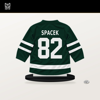 David Spacek number 82 Minnesota Wild jersey stand with included black base.