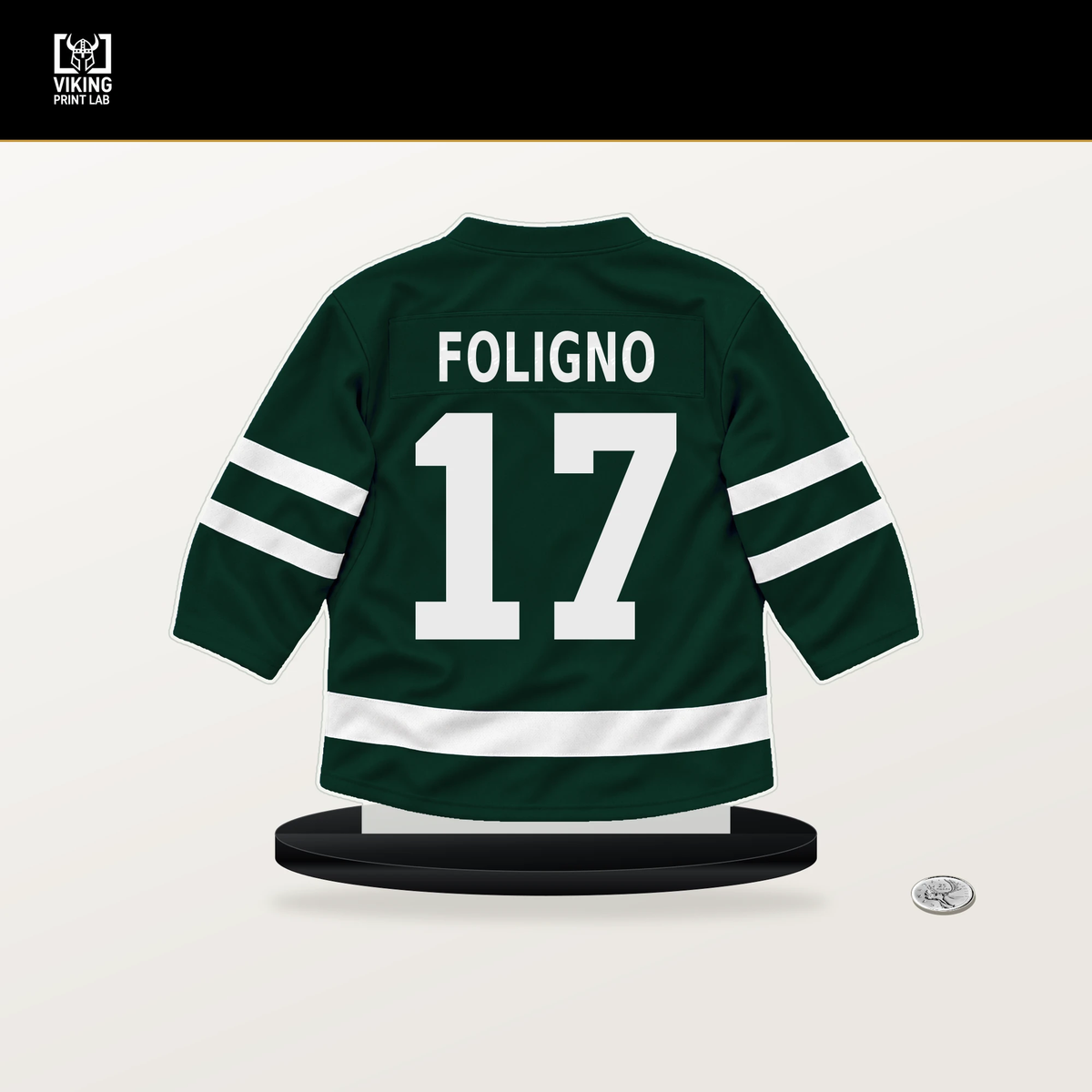 Marcus Foligno number 17 Minnesota Wild jersey stand with included black base.