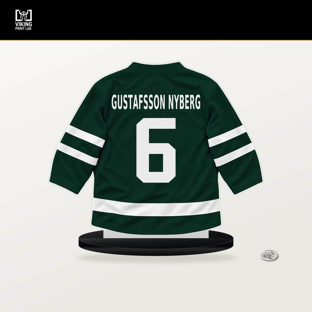 Viking Gustafsson Nyberg number 6 Minnesota Wild jersey stand with included black base.