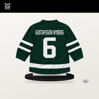 Viking Gustafsson Nyberg number 6 Minnesota Wild jersey stand with included black base.