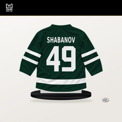 Maxim Shabanov number 49 Minnesota Wild jersey stand with included black base.