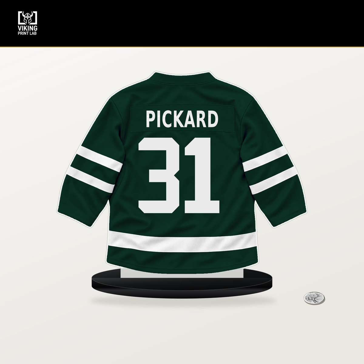Calvin Pickard number 31 Minnesota Wild jersey stand with included black base.