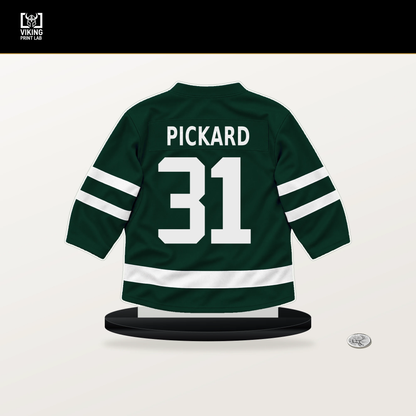 Calvin Pickard number 31 Minnesota Wild jersey stand with included black base.