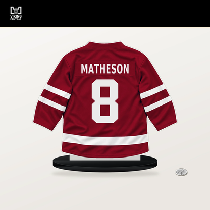 Mike Matheson number 8 Montreal Canadiens jersey stand with included black base.
