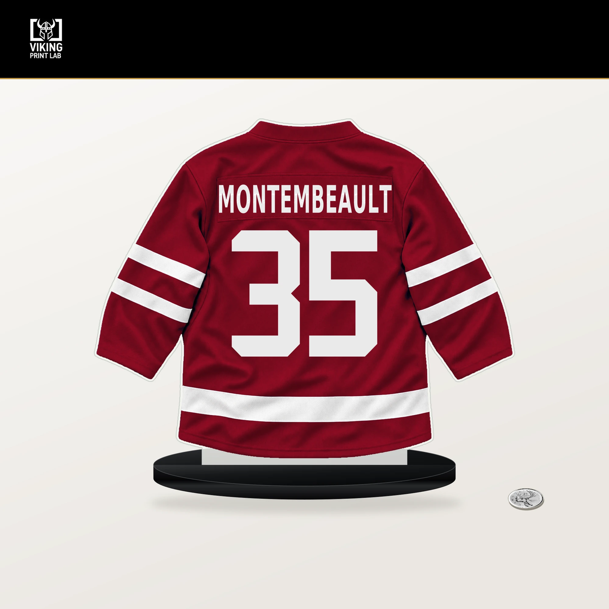 Sam Montembeault number 35 Montreal Canadiens jersey stand with included black base.