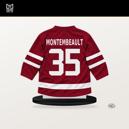 Sam Montembeault number 35 Montreal Canadiens jersey stand with included black base.