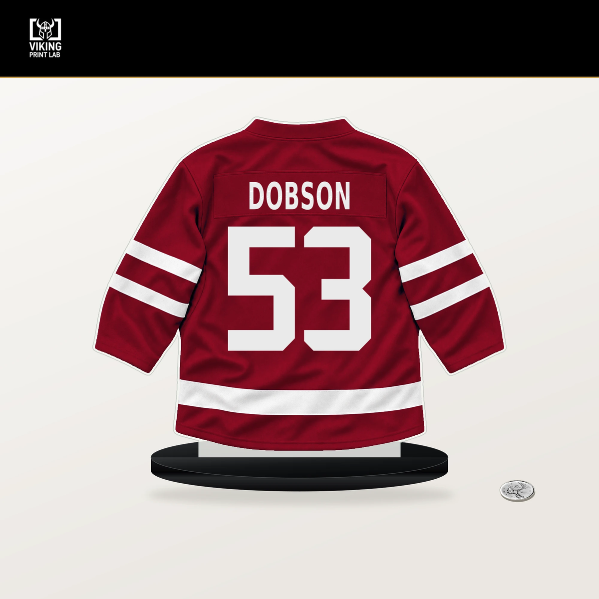 Noah Dobson number 53 Montreal Canadiens jersey stand with included black base.
