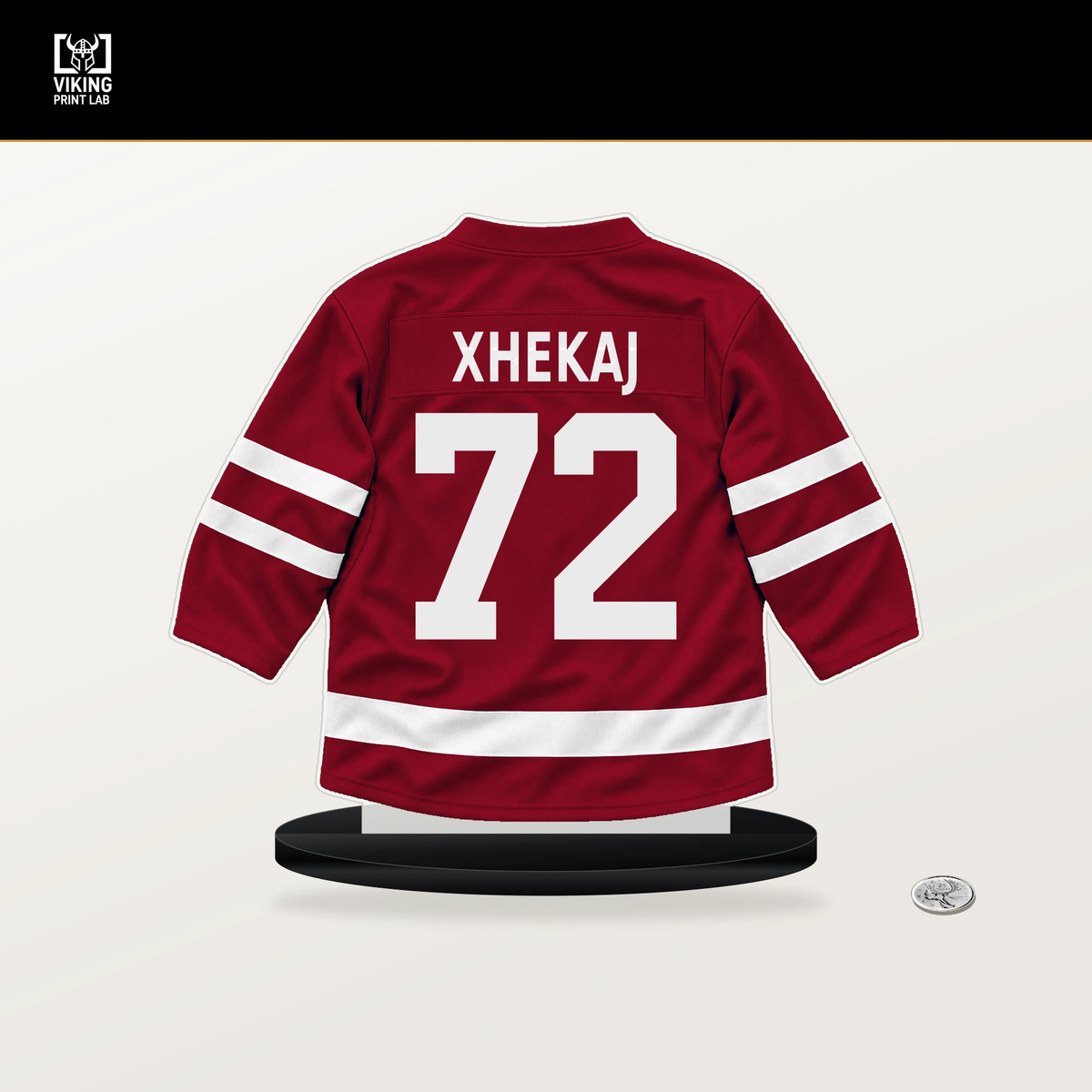Arber Xhekaj number 72 Montreal Canadiens jersey stand with included black base.