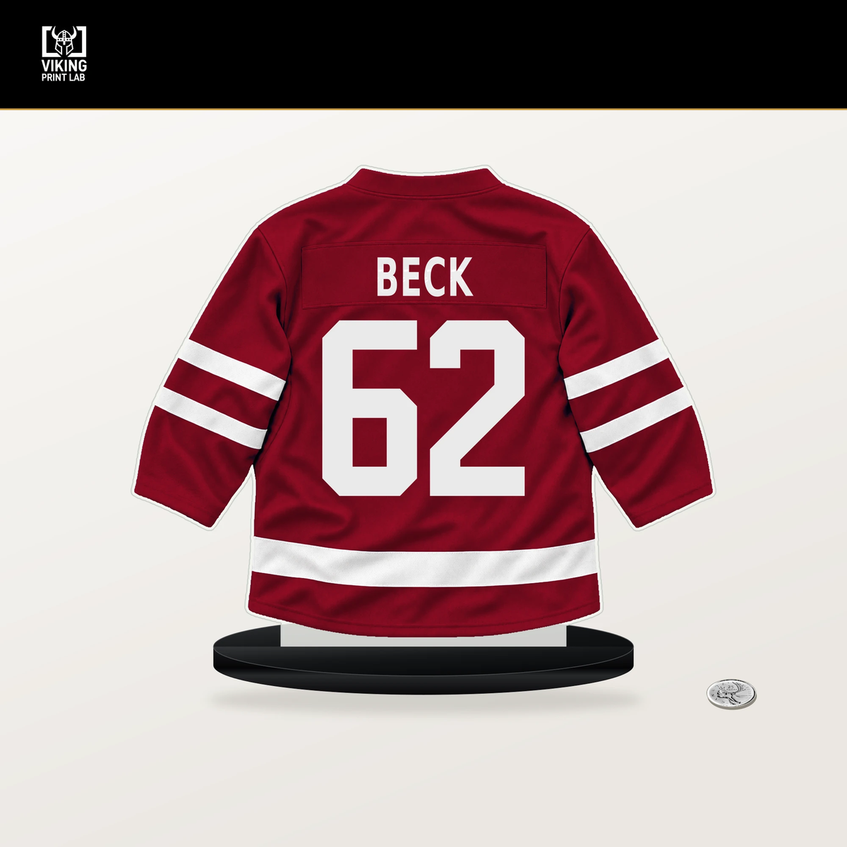 Owen Beck number 62 Montreal Canadiens jersey stand with included black base.