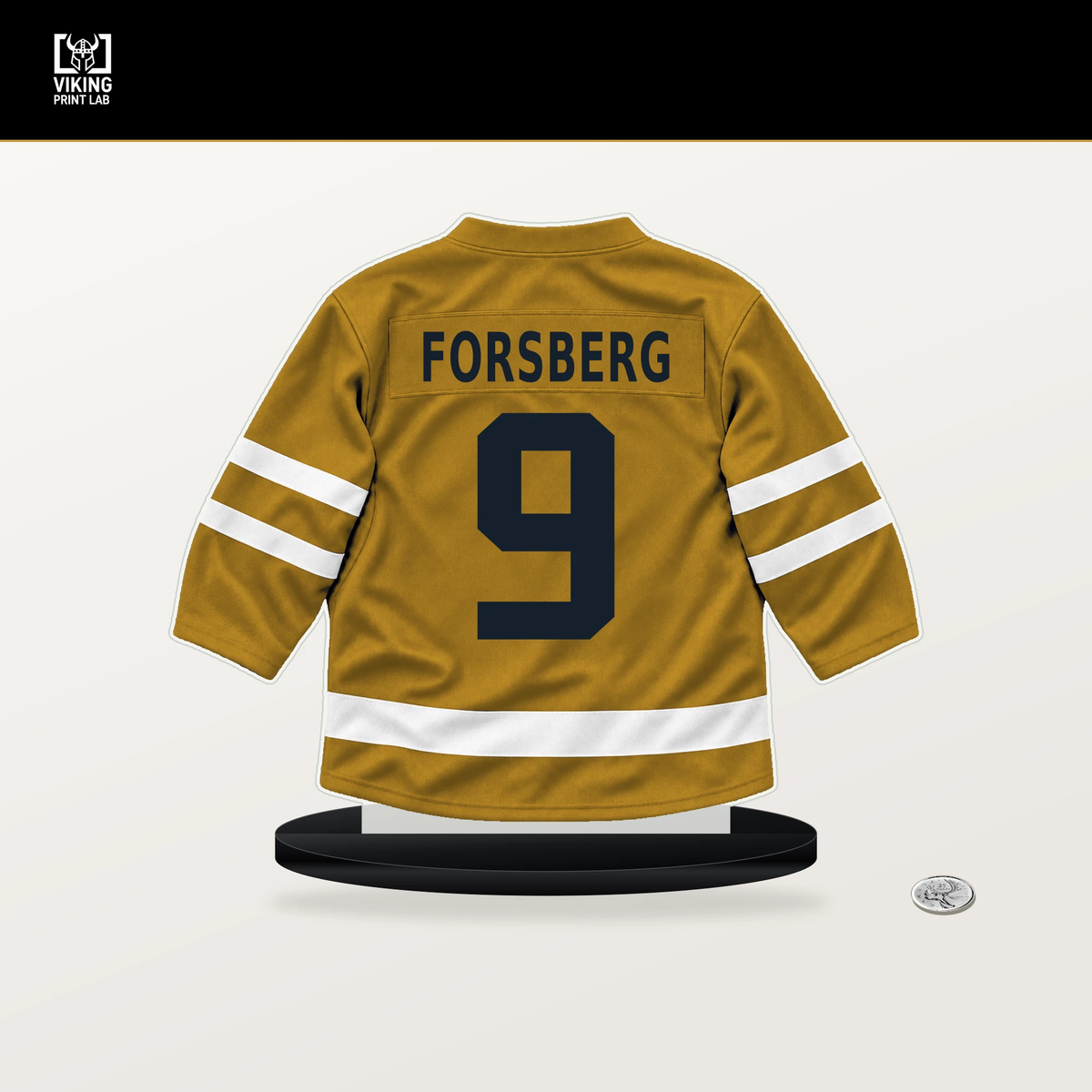 Filip Forsberg number 9 Nashville Predators jersey stand with included black base.