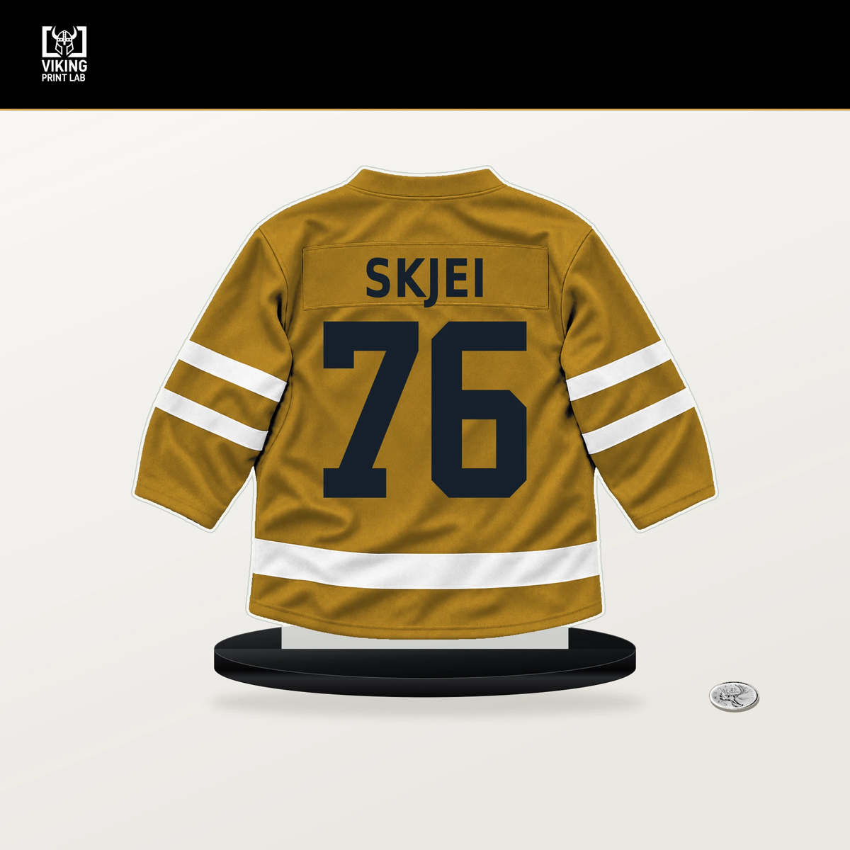 Brady Skjei number 76 Nashville Predators jersey stand with included black base.