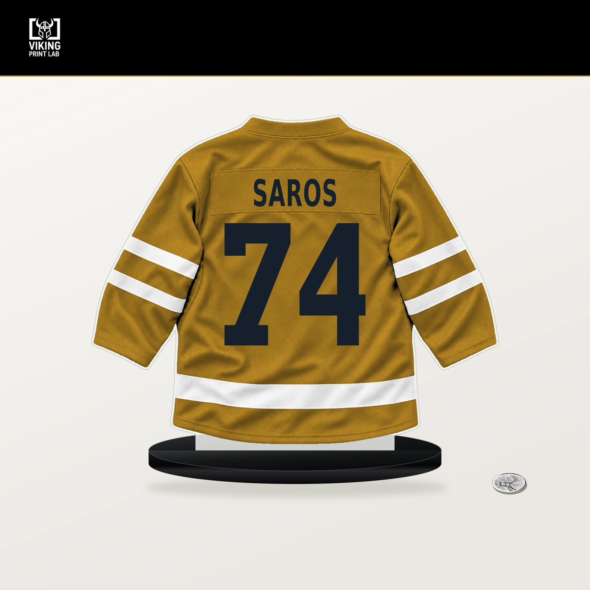 Juuse Saros number 74 Nashville Predators jersey stand with included black base.