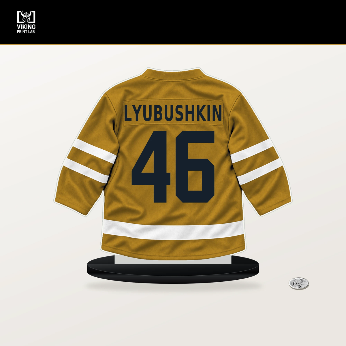 Ilya Lyubushkin number 46 Nashville Predators jersey stand with included black base.