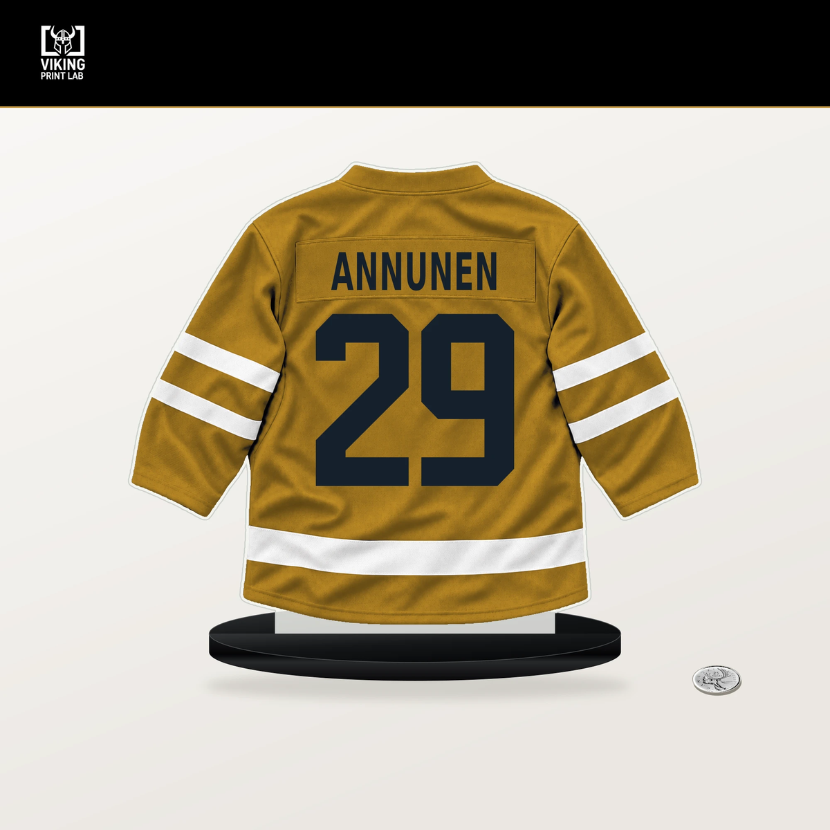 Justus Annunen number 29 Nashville Predators jersey stand with included black base.