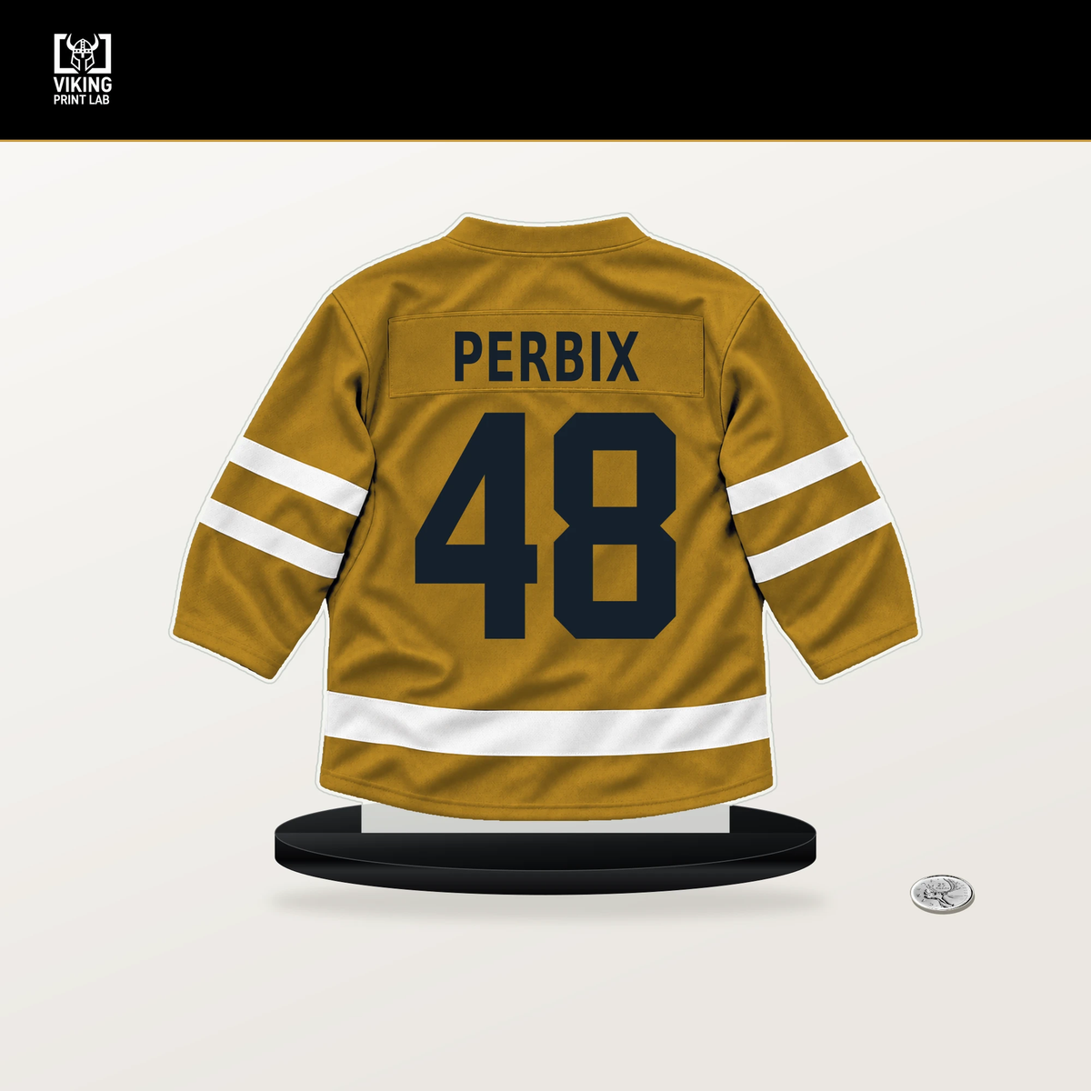 Nick Perbix number 48 Nashville Predators jersey stand with included black base.