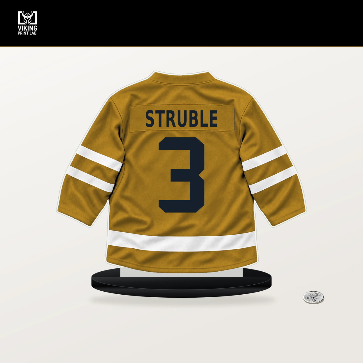 Jayden Struble number 3 Nashville Predators jersey stand with included black base.