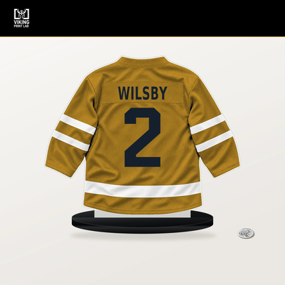 Adam Wilsby number 2 Nashville Predators jersey stand with included black base.