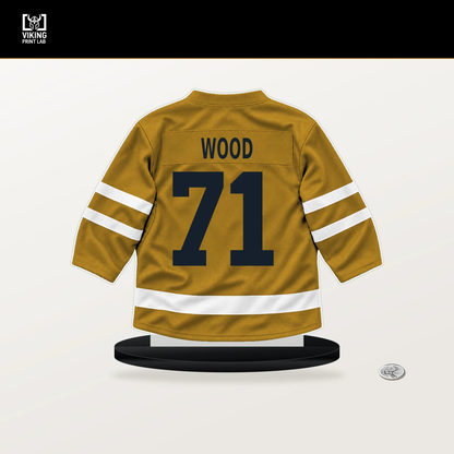 Matthew Wood number 71 Nashville Predators jersey stand with included black base.