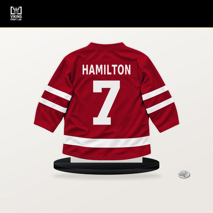 Dougie Hamilton number 7 New Jersey Devils jersey stand with included black base.