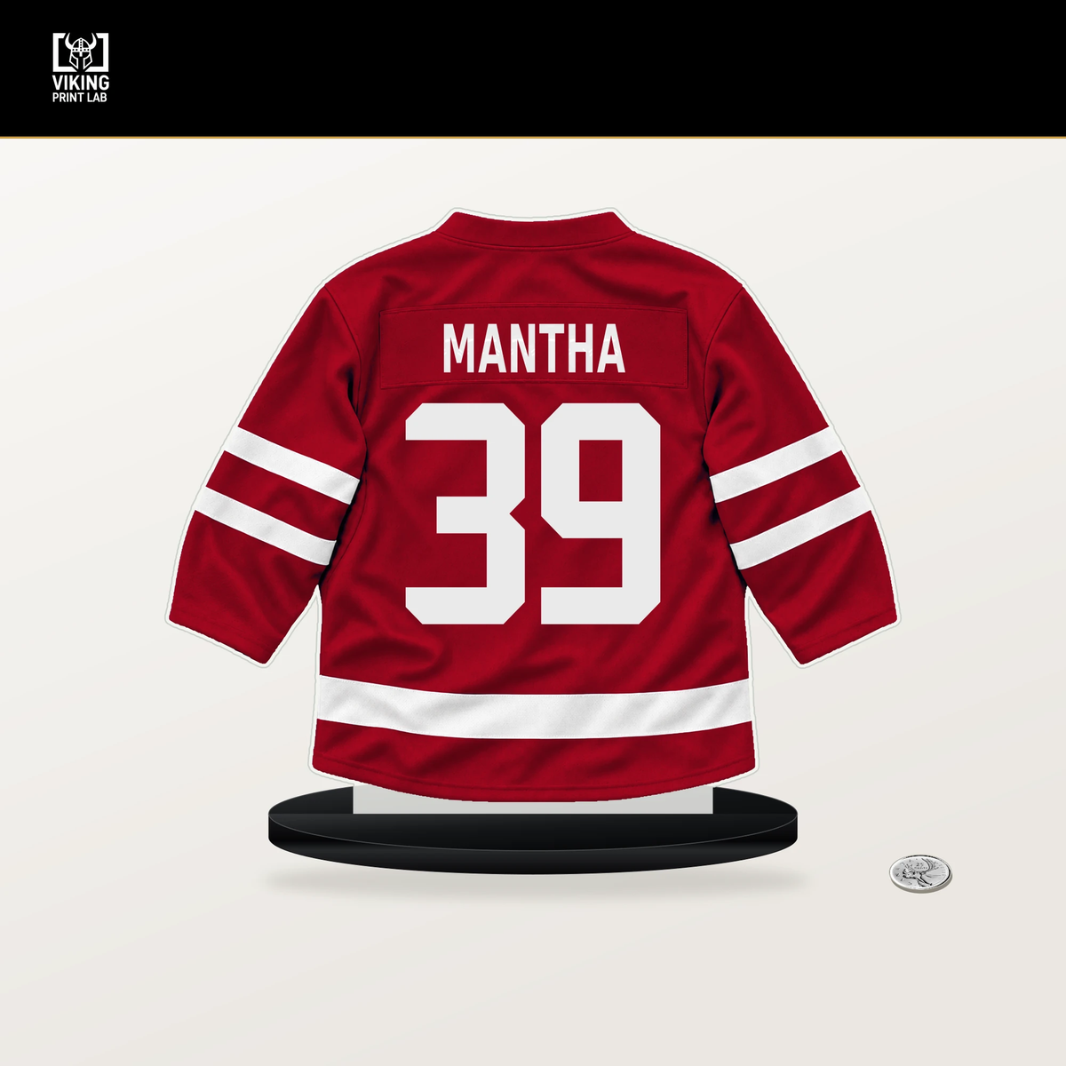 Anthony Mantha number 39 New Jersey Devils jersey stand with included black base.