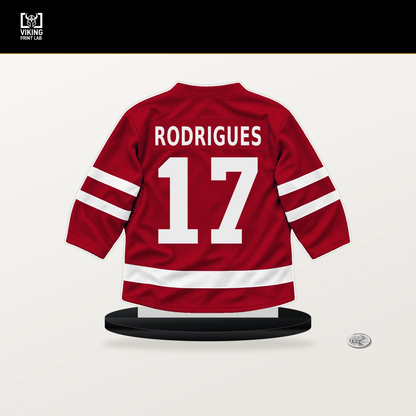 Evan Rodrigues number 17 New Jersey Devils jersey stand with included black base.