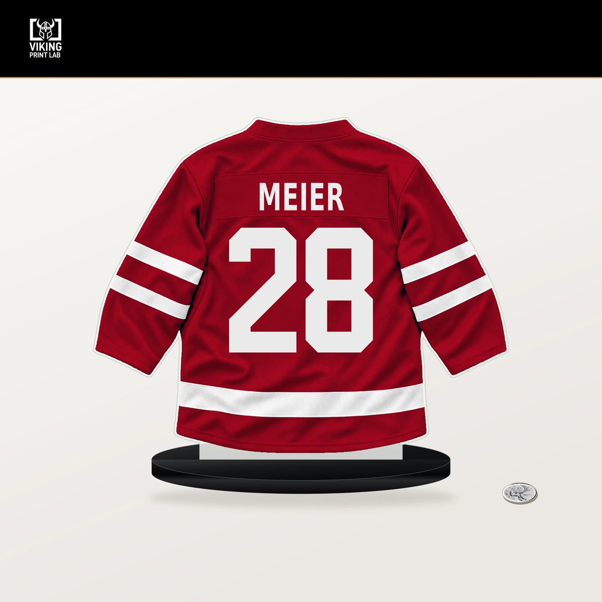Timo Meier number 28 New Jersey Devils jersey stand with included black base.