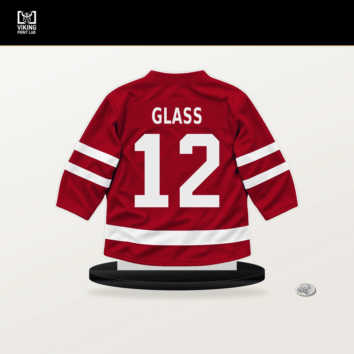 Cody Glass number 12 New Jersey Devils jersey stand with included black base.