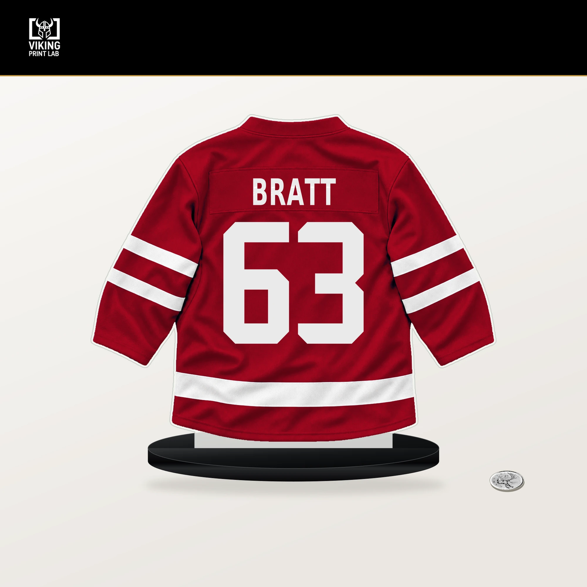 Jesper Bratt number 63 New Jersey Devils jersey stand with included black base.