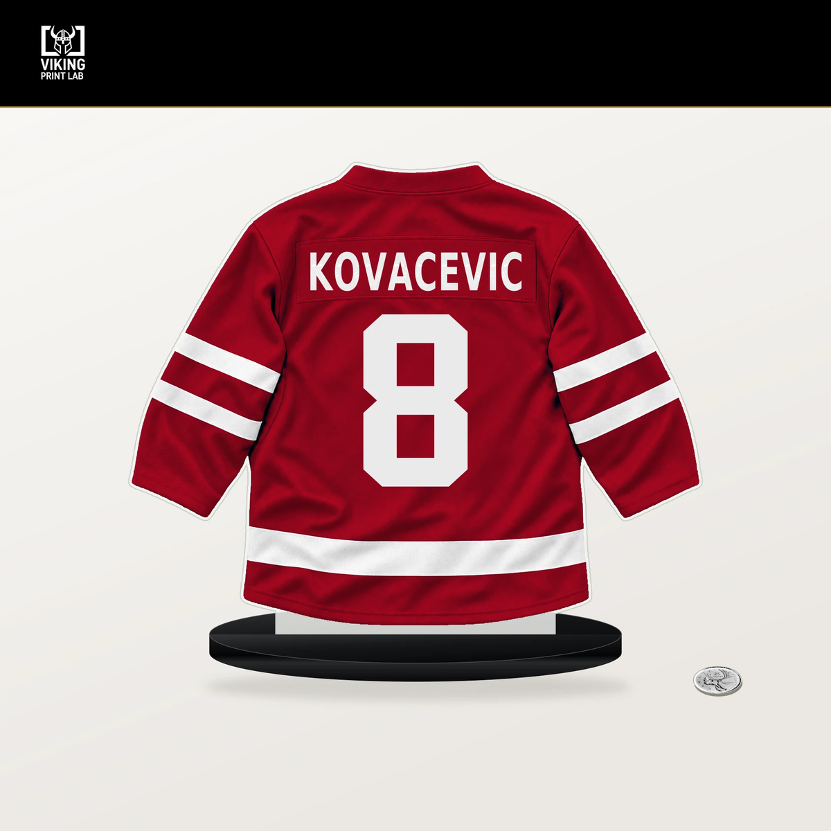 Johnathan Kovacevic number 8 New Jersey Devils jersey stand with included black base.