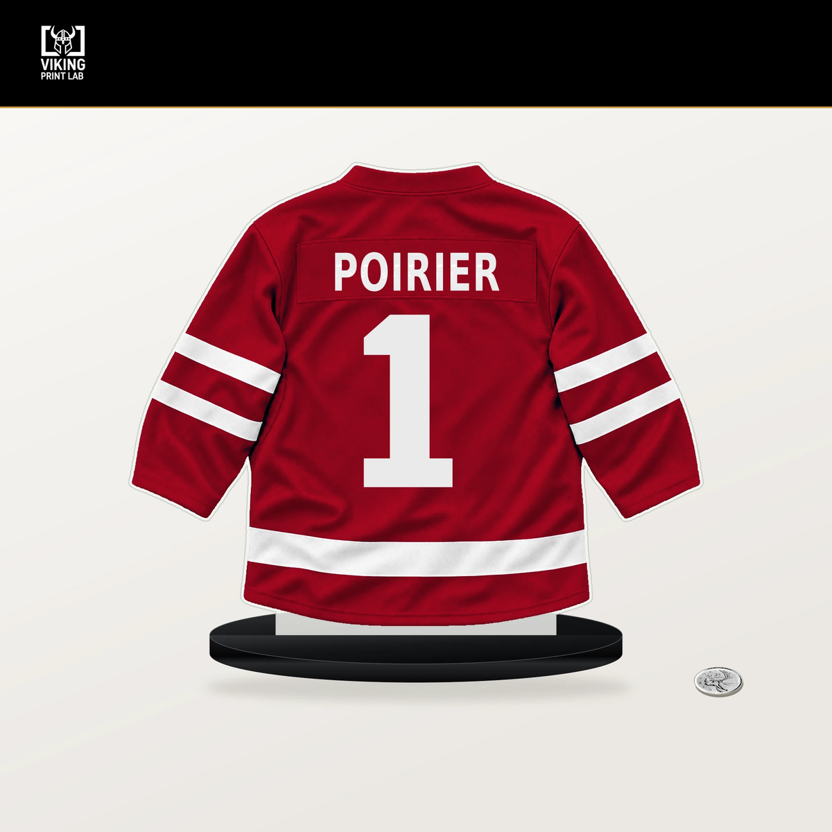 Remi Poirier number 1 New Jersey Devils jersey stand with included black base.