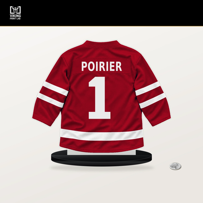 Remi Poirier number 1 New Jersey Devils jersey stand with included black base.