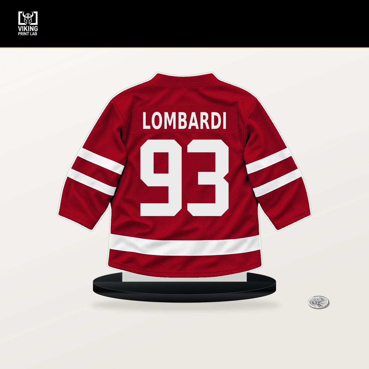 Amadeus Lombardi number 93 New Jersey Devils jersey stand with included black base.