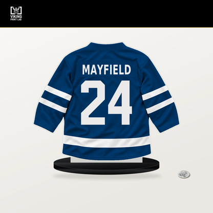 Scott Mayfield number 24 New York Islanders jersey stand with included black base.