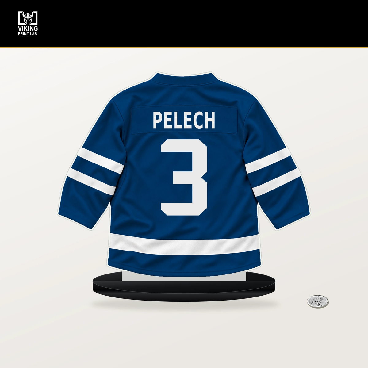 Adam Pelech number 3 New York Islanders jersey stand with included black base.