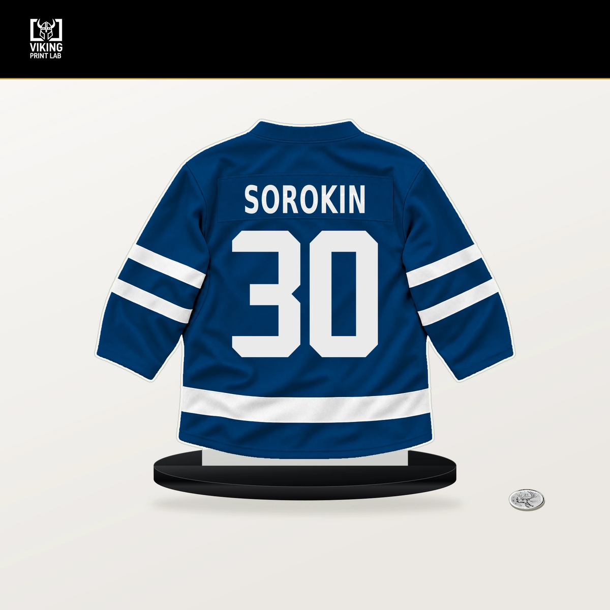 Ilya Sorokin number 30 New York Islanders jersey stand with included black base.