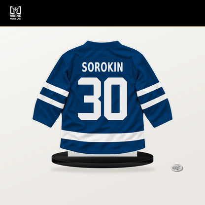 Ilya Sorokin number 30 New York Islanders jersey stand with included black base.