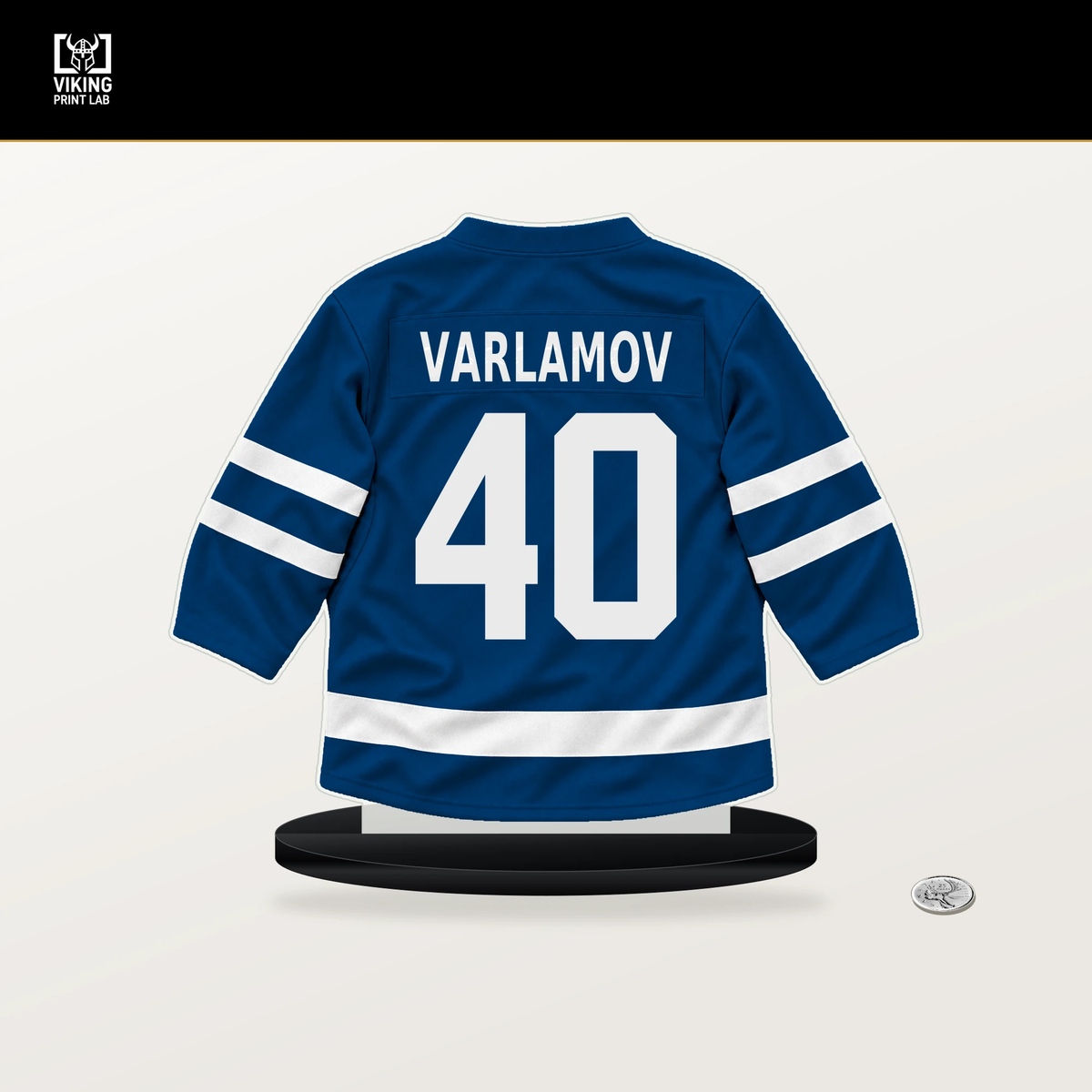 Semyon Varlamov number 40 New York Islanders jersey stand with included black base.