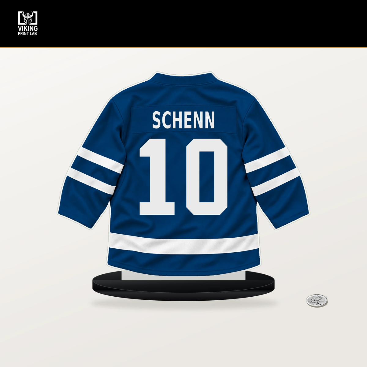 Brayden Schenn number 10 New York Islanders jersey stand with included black base.