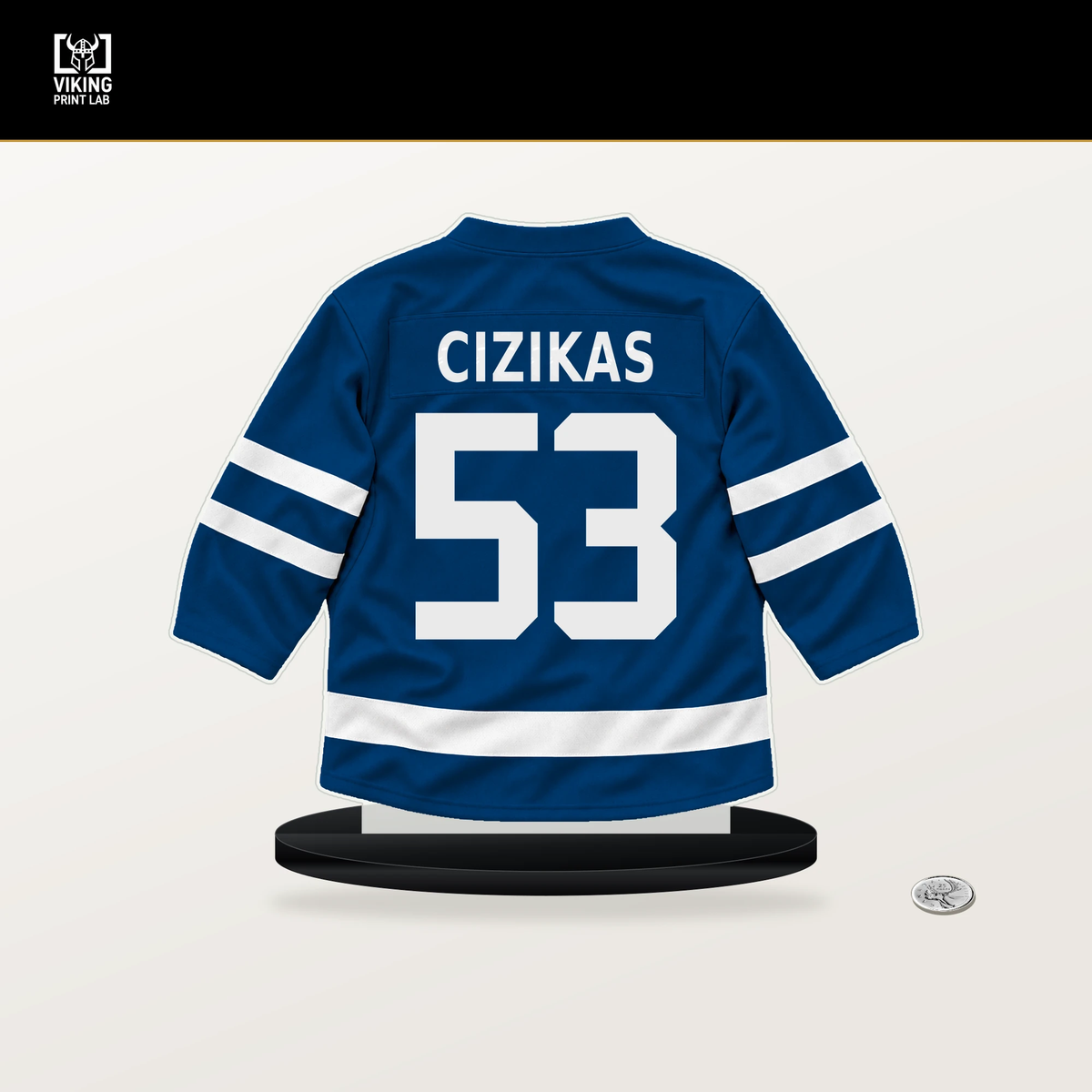Casey Cizikas number 53 New York Islanders jersey stand with included black base.