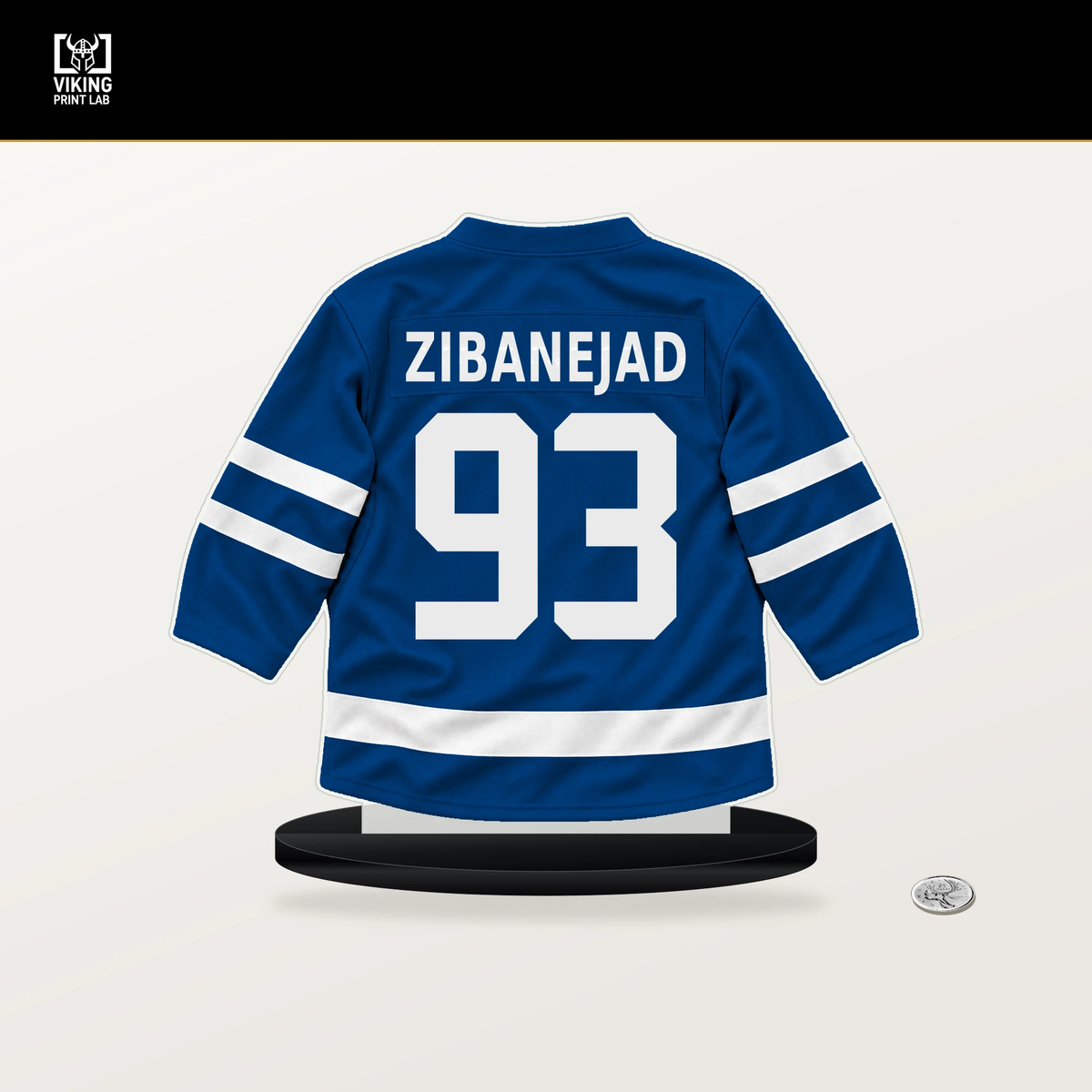 Mika Zibanejad number 93 New York Rangers jersey stand with included black base.