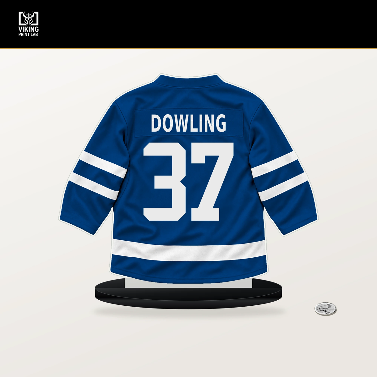 Justin Dowling number 37 New York Rangers jersey stand with included black base.