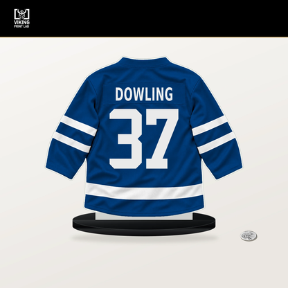 Justin Dowling number 37 New York Rangers jersey stand with included black base.